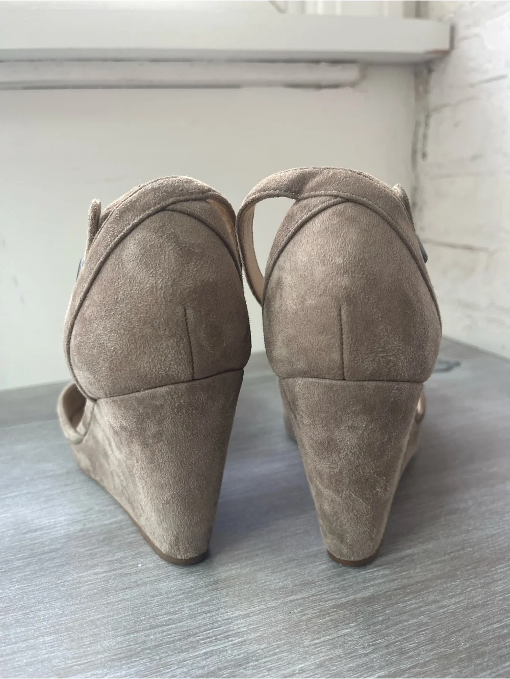 Via Spiga Taupe Suede Ankle-Strap Wedge Pumps